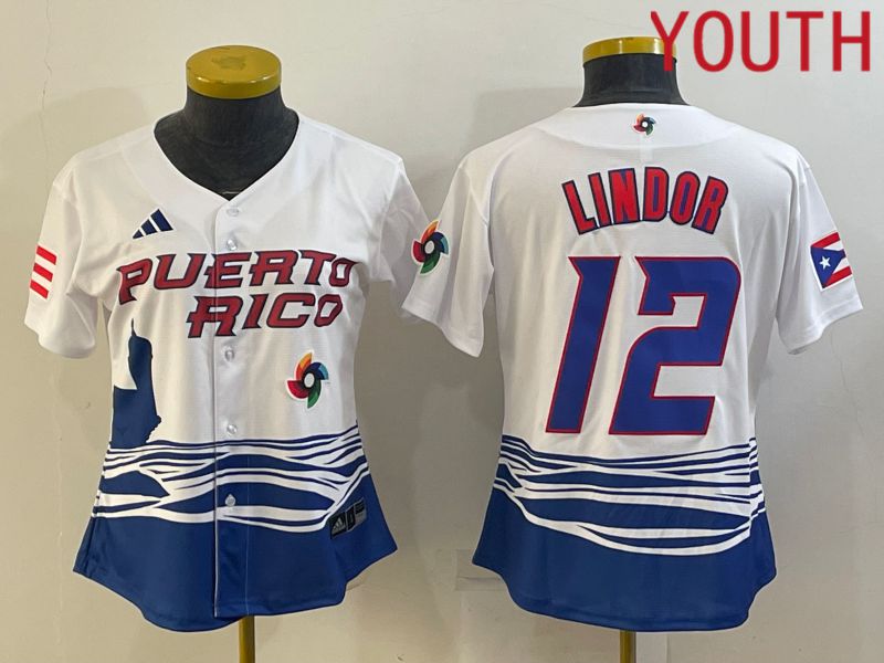Youth 2023 World Cub Puerto Rico #12 Lindor White MLB Jersey3->youth mlb jersey->Youth Jersey